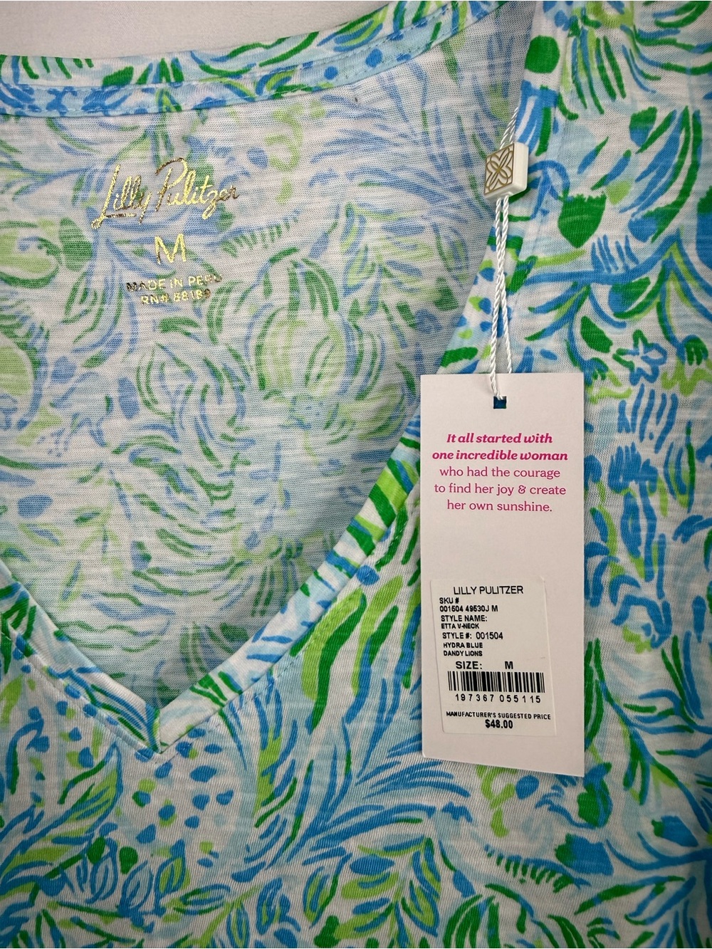 NWT Lilly Pulitzer Etta V-Neck Tee Dandy Lions Hydra Blue, size M - Picture 3 of 8